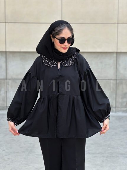 مانتو عروسکی مدل ماهدخت یقه گلدار حانی گلی جلو دکمه خور