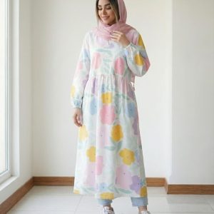 پیراهن نخی گلدار طرح بهار | مانتو پیراهن خنک و راحت | استایل پاستلی (فری سایز)