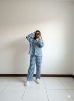 ست لباس خواب نخی چهارخانه برند HGLUX – مدل آسمان - تصویر 4