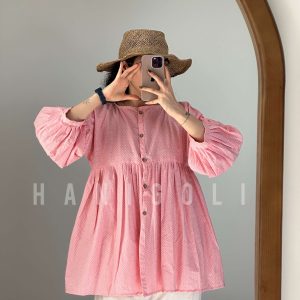 مانتو نخی عروسکی مدل خاتون (صورتی خالخالی) - خنک و ترندی