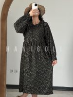 مانتو بلند نخی گلدار حانی گلی | سبز تیره یقه گرد | مناسب شیردهی و تابستان