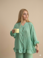 ست لباس خواب نخی چهارخانه زیر سبز حانی گلی - تصویر 4