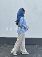 شومیز راه‌راه یقه‌دار لینن حانی گلی (دکمه چوبی، آستین مچ‌دار) - تصویر 4