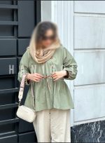 مانتو عروسکی جلو باز بندیلکی کتان سبز | برند حانی گلی - تصویر 3