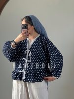 مانتو عروسکی بندیلکی طرح قلبی سرمه‌ای | نخی، خنک و فری سایز | برند حانی گلی - تصویر 3